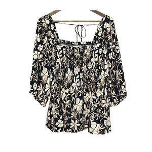 Ava & Viv Womens Top Floral 3/4 Sleeve Tie Back Boho Cottagecore 100% Cotton 1X